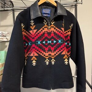Pendleton High Grade Western Wear Wool Jacket M — Leather Collar, Aztec Pattern